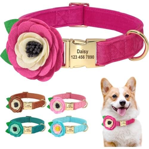 Personalized Dog Collar Accessories Custom Floral Pet Cat Puppy Chihuahua Collars Engraved For Small Medium Large Dogs Cats Pug