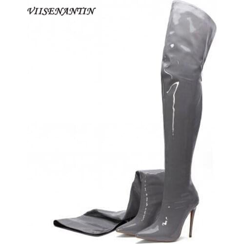 Pointed Toe Stiletto Super High Heel Over-the-knee Boots Sexy High-tube Patent Leather Stretch Handsome Long Boots Large Size