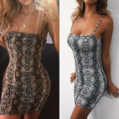 Sexy Women Snakeskin Print Backless Bodycon Sling Mini Dress Club Party Cocktail Dress