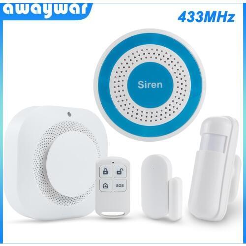 Awaywar 433MHz Wireless Security Burglar Alarm System strobe siren kit PIR Motion/Door Sensor Fire Smoke Detector for Smart Home