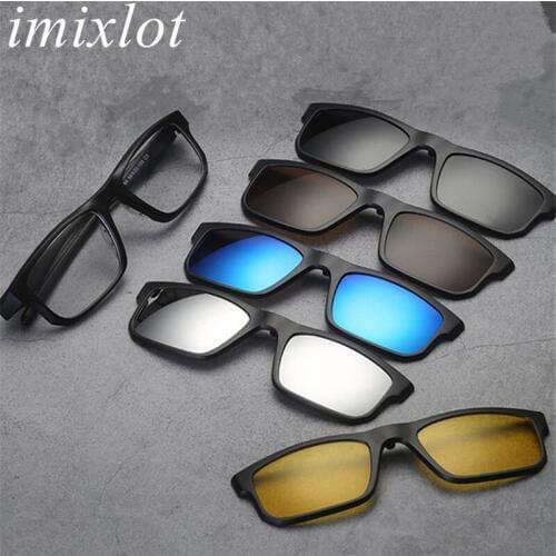 Imixlot Newest 5pcs Polarized Magnetic Clip On Sunglasses with Spectacle Frame Women Male Driving Myopia Optical Glasses
