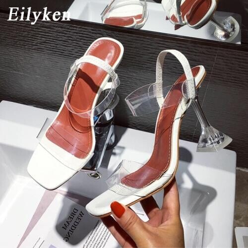 Eilyken White Yellow PVC Jelly Sandals Crystal Open Toe Perspex Spike High Heels Transparent Heel Sandals Slippers 9CM Pumps