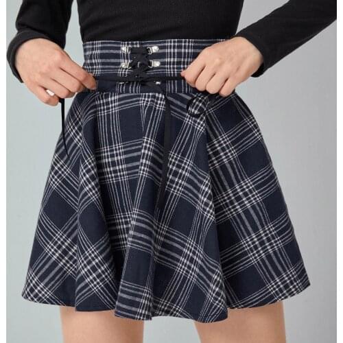 Vintage Lace-up Women Skirts 2021 High Waist Korean Style Pleated Skirts For Girls Retro Punk Ladies Mini Plaid Lace Up Skirt#g3