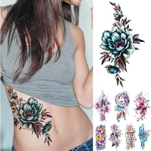 Waterproof Temporary Tattoo Sticker Blue Rose Unicorn Flash Tattoos Flowers Bird Lotus Body Art Arm Fake Sleeve Tatoo Women