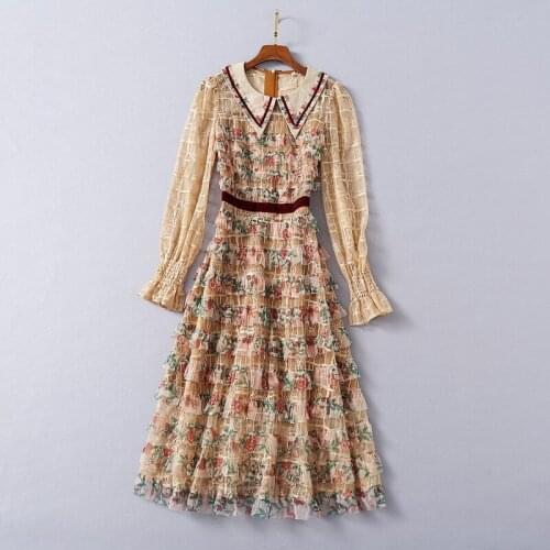 European and American womens wear 2020 winter new style Trumpet long sleeve lapel Print Mosaic lace fashion dress