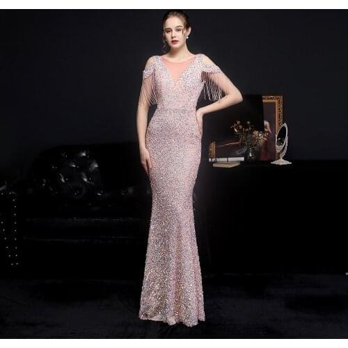 Scoop Neck Sequin Evening Dress Long Vestidos De Fiesta Pink Evening Gowns For Women Party Dress Mermaid Evening Dresses 2022