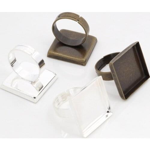 16mm 20mm 25mm 3 Colors Brass Square Adjustable Ring Settings Blank/Base,Fit 16-25mm Glass Cabochons,Buttons;Ring Bezels