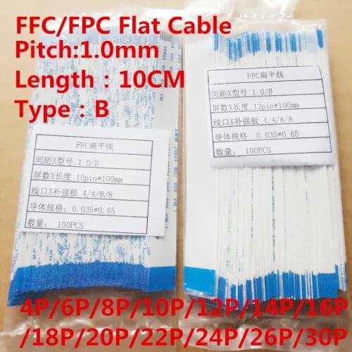 100pcs/Lot FPC/FFC Flat Cable 1.0mm 10CM 100MM B Type Reverse Direction 4P/6P/8P/10P/12P/14P/16P/18P/20P/22P/24P/26P/30P