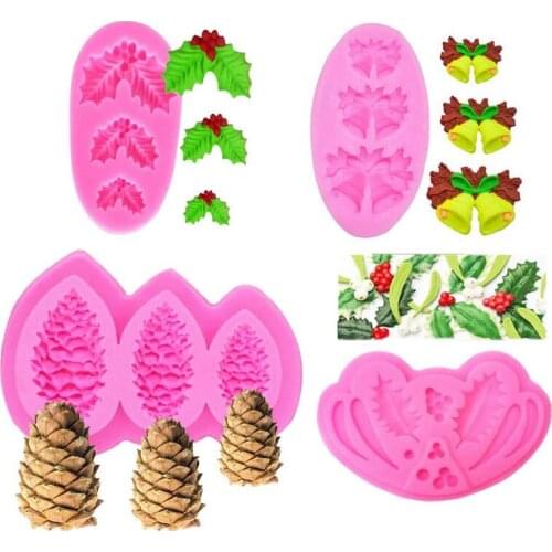 3D Leaf Chinese Ilex Pine Cone Fondant Mold Christmas Silicone Mold Cake Decorating Tools Polymer Clay Craft Project Pink