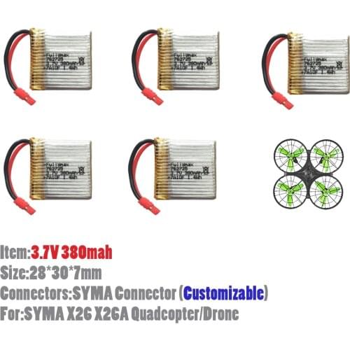 5pcs/lot 3.7V380mah 1.4Wh Lipo Battery Customizable Connectors For Syma X26 X26A Mini Quadcopter Drone DIY Part Toys