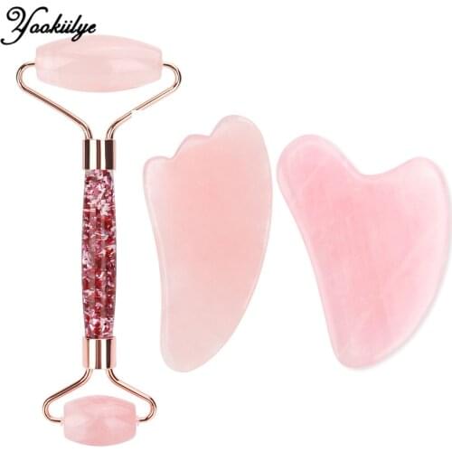 Shiny Facial Roller Guasha Massage Set Natural Jade Stone Face Lift Slimming Wrinkle Removal Thin Neck Chin Skin Care Tools