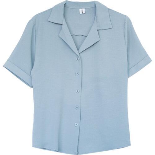 PERHAPS U Women Blue White Khaki Turn Down Collar Short Sleeve Top Blouse Shirt Casual B0067