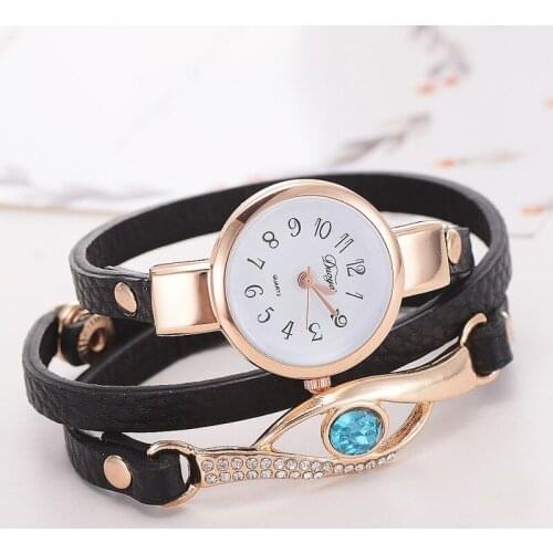 Brand Watch Women Luxury Gold Eye Gemstone Dress Watches Women Gold Bracelet Halloween Gift Leather Quartz Wristwatches