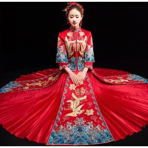 Bride Embroidery Cheongsam Vintage Chinese Style Wedding Dress Retro Toast Clothing Lady Phoenix Gown Marriage Qipao red Clothes