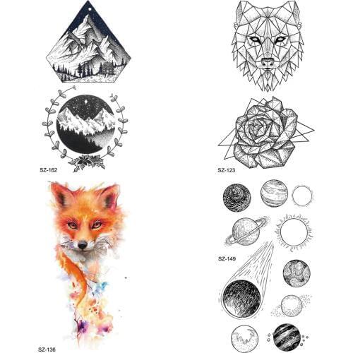 Women Small Planet Temporary Tattoo Sticker Arm Fake Tatoos Diamond Timber Makeup Tip Waterproof Tattoo Men Geometric Wolf Flora
