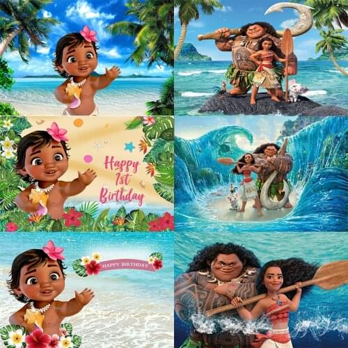 Baby Moana Photo Backdrop Girls Kids Baby Shower Happy 1st Birthday Party Photograph Background Banner Vaiana Decoration