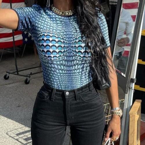 Snake Print Short Sleeve T Shirt Sexy Fasion Bodycon O Neck Casual T Shirts 2021 Spring Summer Blue Vintage Streetwear T Shirt