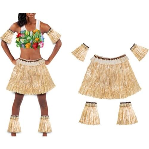 Hawaiian Hula Funny Dance Party Grass Skirt Arm Leg Sleeves Costume Sets