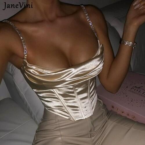 JaneVini 2021 Summer Fashion Women Bustier Diamond Straps Corset Sexy Crop Top Stretch Satin Tank Camis Female Casual Streetwear