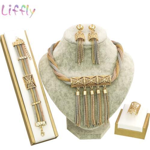 Classic Long Necklace Crystal Pendant Nigeria Jewelry Sets for Women Wedding Jewelry Set Bride Necklace Earrings Ring Bracelet