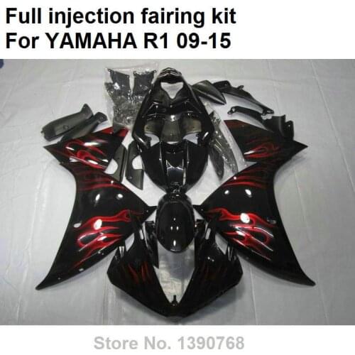 Injection molded free customize fairing kit for Yamaha YZFR1 09 10 11 12 13 14 15 red flames black fairings YZFR1 2009-2015 BN07