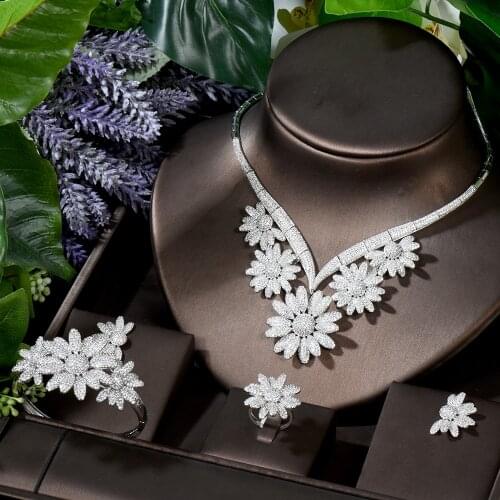 HIBRIDE 4PCS Big Luxury Flower Design Nigerian Jewelry Set For Women Bridal Wedding Jewelry Sets conjuntos de mujer N-455