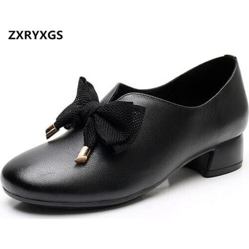 Best Sale 2020 Autumn New Women Fashion Shoes Lace Bow Genuine Leather Shoes Thick Heels Comfortable Casual Shoes Womens Shoes