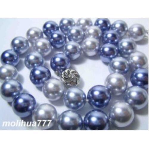 Multicolor 12MM Gray Blue Shell Pearl Silver Clasp pendant Necklace