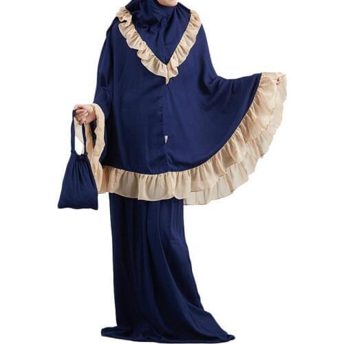 Ramadan Muslim Prayer Garment Women Turkey 2 Piece Suits Ruffles Hooded Abaya Worship Thobe Gown Khimar Robe Islamic Hijab Dress