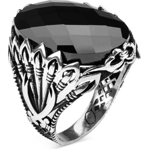 Moment Ring Zulfiqar and Spear Motif Black Zircon Silver Men Ring