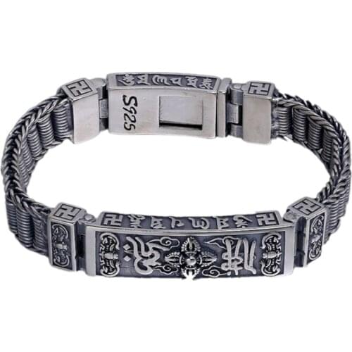 New real pure S925 solid silver Buddhism six-character mantra Vajra good luck woven bracelet Thai silver vintage man bracelet