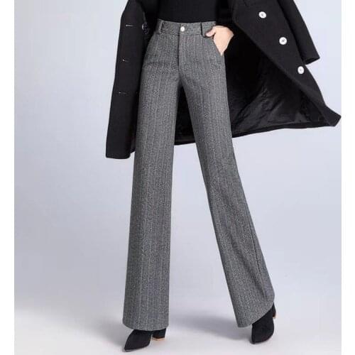 2021 Autumn Winter Women Woolen Wide Leg Pants Female Solid High Waisted Casual Slim Pants Lady Thick Warm Office Trousers K530