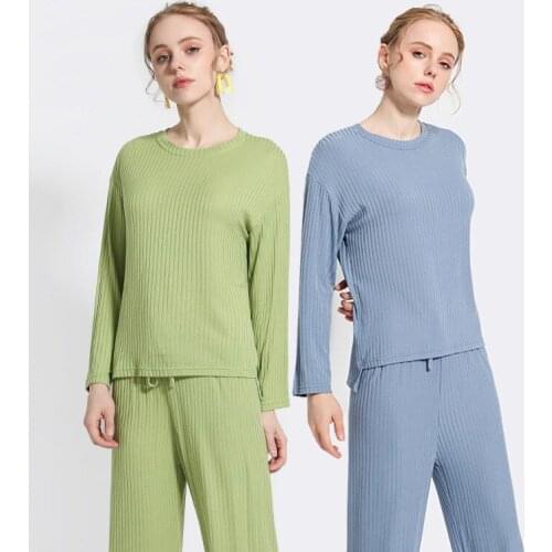 2021 Spring New Pure Cotton Pajamas Set Female Thread Long Sleeve Round Neck Wide Leg Pants Two Piece Cotton Home Clothes Plus