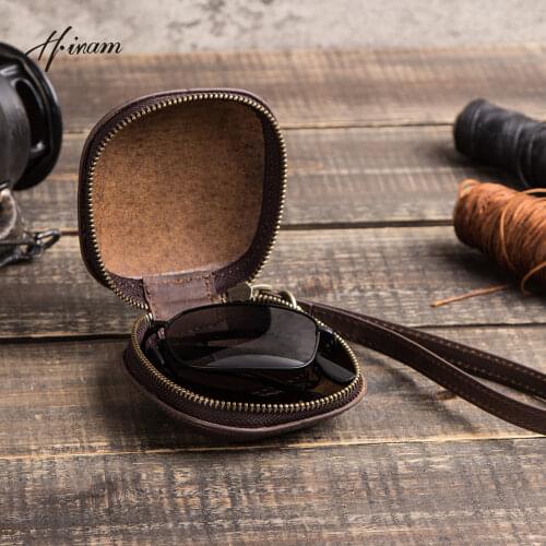 Luxury vintage genuine leather small coin purse women retro glasses cases for folding glasses zipper earphone wireless cases