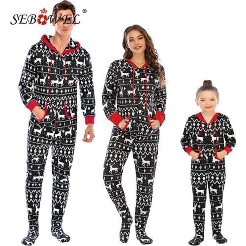 SEBOWEL Christmas One-piece Rompers Pajamas Family Matching Clothes Xmas Print Autumn/Winter Mom Dad Kids Parent-child Sleepwear