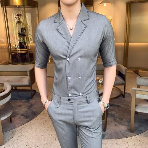 Half-sleeved shirt + nine-point pants 2021 summer mens new luxury British style luxury double-breasted casual shirt 2 pcs suit