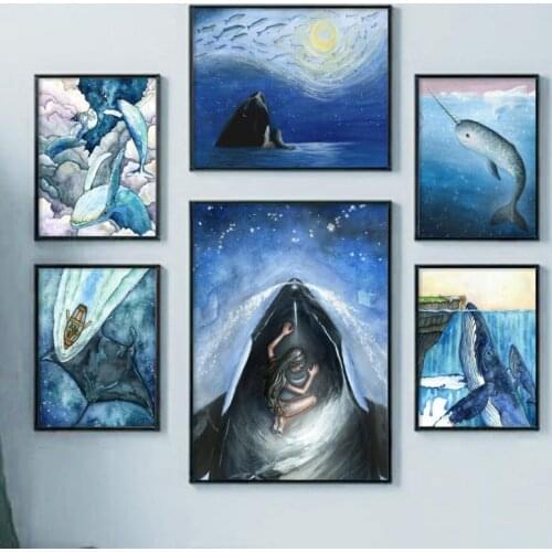 Nordic Abstract Whale Canvas Painting Childrens Room Wall Pictures Cosmic Ocean Girl Art Posters and Prints Interior Decoration