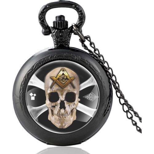 Freemason Skull Design Black Color Vintage Quartz Pocket Watch Men Women Pendant Necklace Hours Clock Gifts