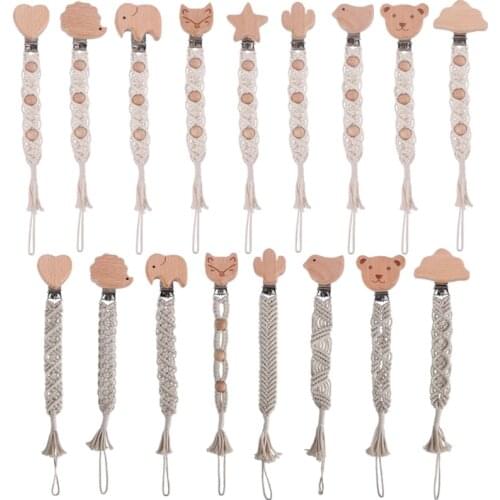 Vintage Crochet Baby Pacifier Clips Handmade Cotton Pacifier Chain Beech Wood Clip DIY Dummy Nipple Clips Holder Newborn Stuff