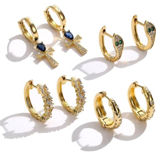 YAONUAN Fashion Female Jewelry Pattern Hollowed Out Snake Head Cross Ring Romantic Zircon Inlay Golden Big Earrings Accessories