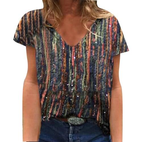 Womens t-shirts Summer Fashion Casual Retro version Printed Short Sleeve V-Neck Pullover Tops Womens clothes Streetwear