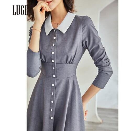 2021 autumn new style waist closing big swing shirt skirt temperament splicing doll collar grey dress female