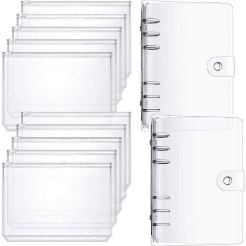 10 Pcs A6 Size Binder Pocket 6 Holes Clear PVC Zipper Binder Pockets Loose Leaf Bag with 2 Pieces A6 Binder Cover