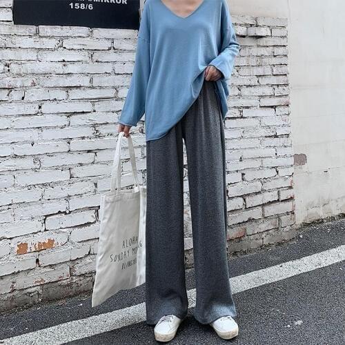 2020 Spring Casual Knitting Pants Women Fall Grey Trousters Wide Leg Pants High Waist Winter Harem Pants