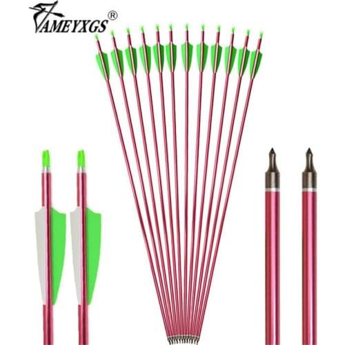 6/12pcs Archery Spine 500 Aluminum Arrow 31.5" ID6.2 Arrows Shaft With Rubber Feathers Outdoor Bow Hunting Shooting Accessories