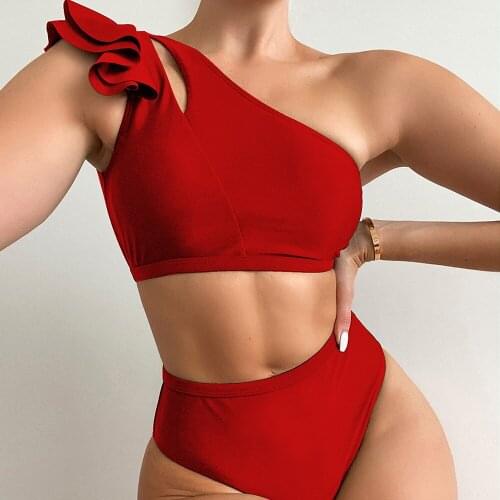 High Waist Bikini 2021 Women One Shoulder Solid Black Ruffled Swimsuit Beach High Cut Bathing Suit Two Piece Swimwear Biquini