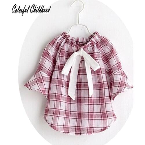 Big plaid blouse girl toddler kids shirt summer flare sleeve tops children clothes school girls casual outwear 2-7Yrs