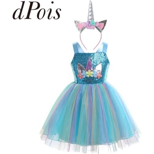 Childrens Dance Wear Girls Sleeveless Sparkly Sequins Cartoon Animal Ears Horn 3D Flower Mesh Tutu Dress Kids Cosplay Costume