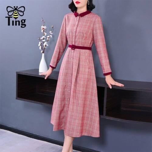 Tingfly Vintage Elegant Pink Plaid England Stylish A Line Midi Long Dress Women Casual Plus Size Spring Autumn Elbise Robes Za