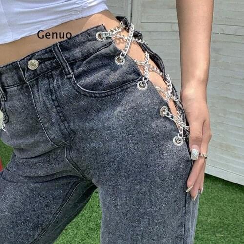 Female Chain Jeans Fashion Summer Womens New Style High Waist Hollow Straps Slim Casual Denim Long Pants Girl Street Bottoms